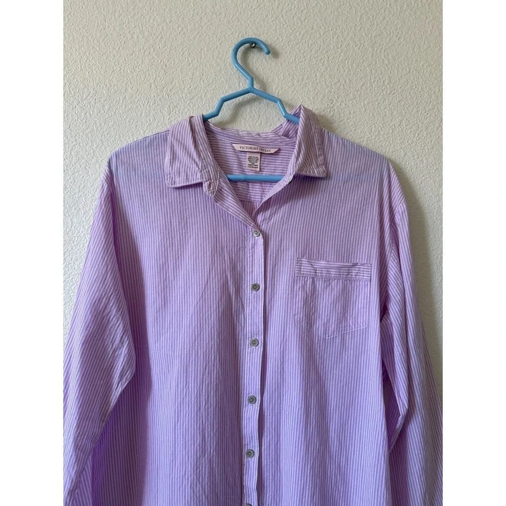 Victorias Secret Womens Sleep Shirt Dress Purple Stripe 100% Cotton L
